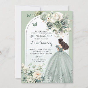 Boho Sage Green Princess Butterfly Quinceañera Invitation