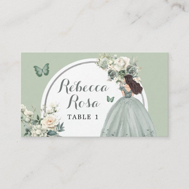 Boho Sage Green Princess Quinceañera Floral Place Card (Front)