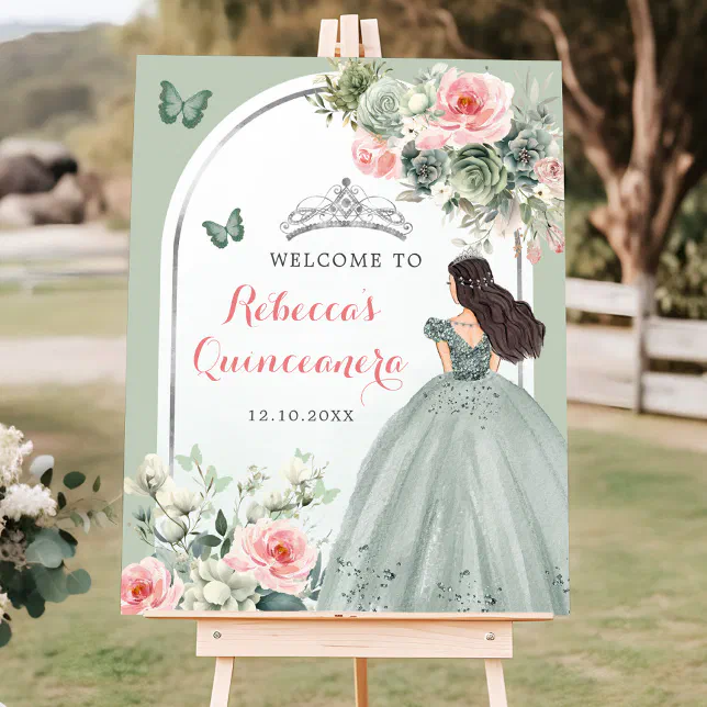 Boho Sage Green Princess Quinceaera Welcome Poster | Zazzle