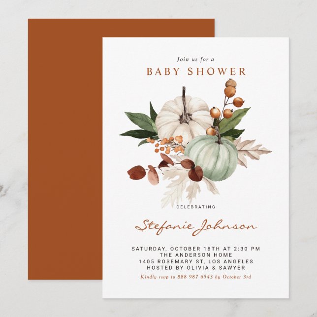 Boho Sage Green Pumpkins Fall Baby Shower Invitation (Front/Back)