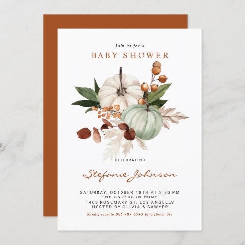 Boho Sage Green Pumpkins Fall Baby Shower Invitation