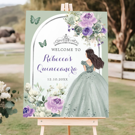 Boho Sage Green Purple Floral Quinceañera Welcome Poster