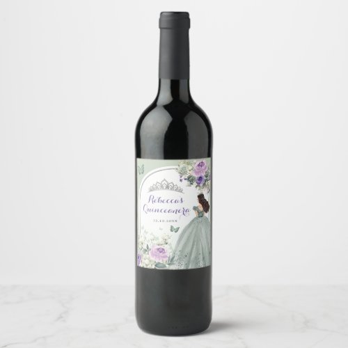 Boho Sage Green Purple Floral Quinceaera Wine Label