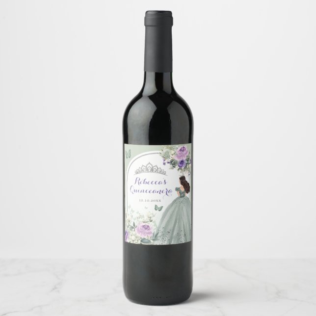 Boho Sage Green Purple Floral Quinceañera Wine Label (Front)