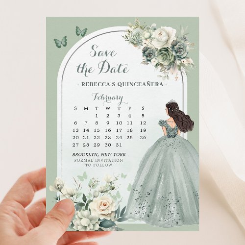 Boho Sage Green Quinceaera Calendar Save the Date Invitation