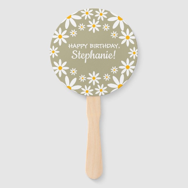 Boho Sage Green Retro Daisies Birthay Party   Hand Fan (Back)