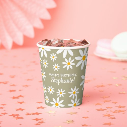 Boho Sage Green Retro Daisies Birthay Party   Paper Cups