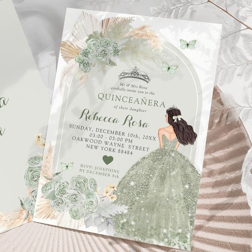 Boho Sage Green Roses Dress Princesa Quinceaera Invitation