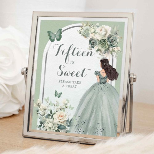 Boho Sage Green Roses Quinceaera Fifteen is Sweet Poster