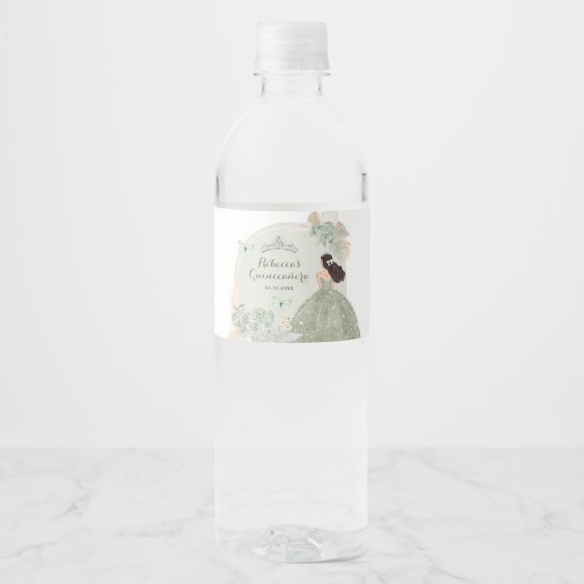 Boho Sage Green Roses Royal Quinceañera Water Bottle Label (Front)