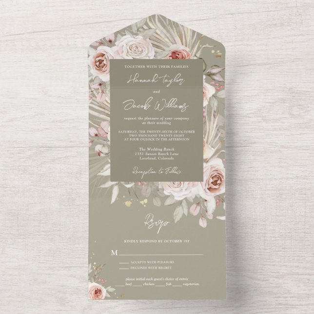 Boho Sage Green Rustic Floral with RSVP Wedding All In One Invitation (Inside)