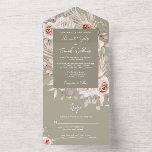 Boho Sage Green Rustic Floral with RSVP Wedding All In One Invitation