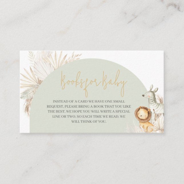 Boho Sage Green Safari Baby Shower Books for Baby Enclosure Card (Front)