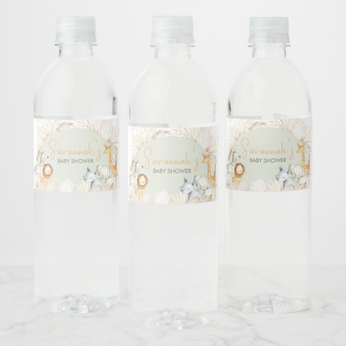 Boho Sage Green Safari Baby Shower Water Bottle Label