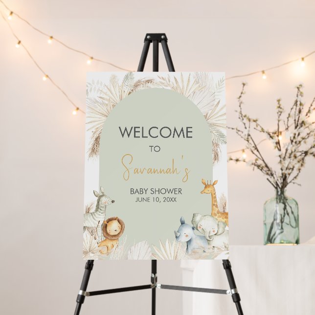 Boho Sage Green Safari Baby Shower Welcome Sign (In Situ (Stand))