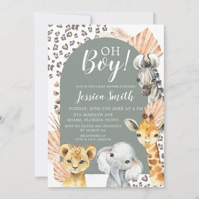 Boho Sage Green Safari Oh Boy Baby Shower Invitation (Front)