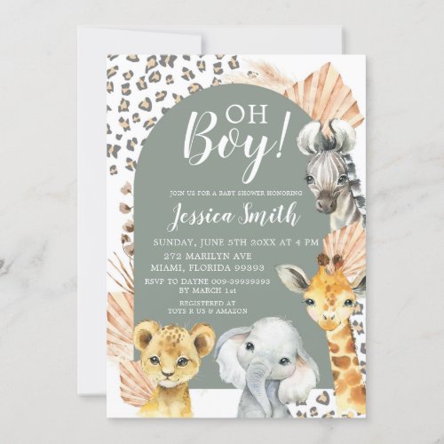 Boho Sage Green Safari Oh Boy Baby Shower Invitation