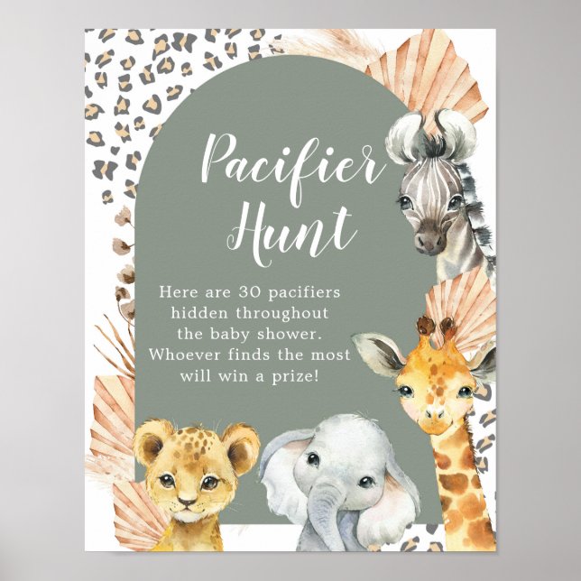 Boho Sage Green Safari Oh Boy Pacifier Hunt Game Poster (Front)