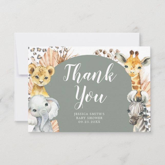 Boho Sage Green Safari Oh Boy Thank You Card (Front)