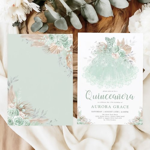 Boho Sage Green Silver Quinceaera Princess Dress Invitation