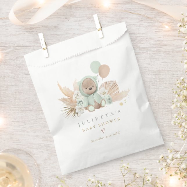 Boho Sage Green Teddy Bear Baby Shower Favor Bag (Clipped)