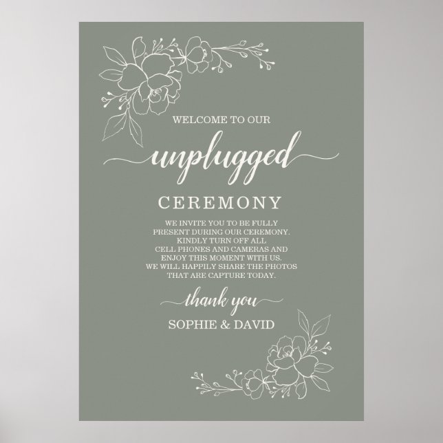 Boho Sage Green Unplugged Wedding Ceremony Sign (Front)