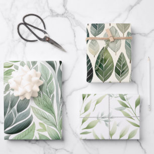 Boho Sage Green Watercolor Botanical Patterns Wrapping Paper Sheets