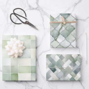 Boho Sage Green Watercolor Geometric Patterns Wrapping Paper Sheets