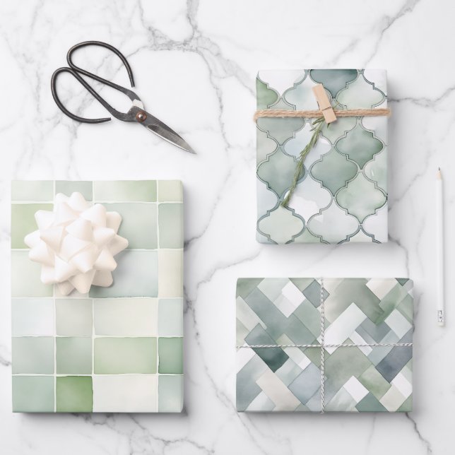 Boho Sage Green Watercolor Geometric Patterns Wrapping Paper Sheets (Front)