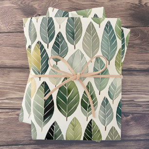 Boho Sage Green Watercolor Leaf Pattern Wrapping Paper Sheets