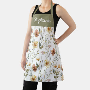 Boho Sage Green Watercolor Wildflower Custom Name Apron