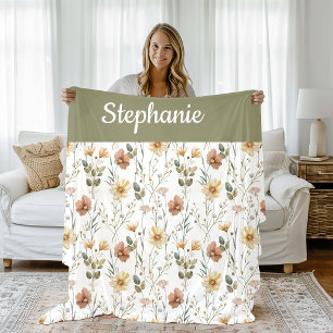 Boho Sage Green Watercolor Wildflower Monogram Fleece Blanket