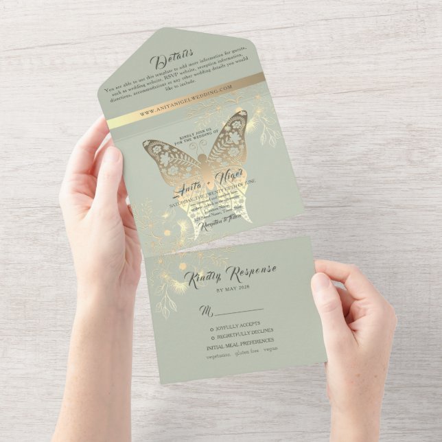 Boho Sage Green Wedding All In One Invitation (Tearaway)