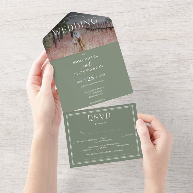 Boho Sage Green Wedding Invitation with photo (Tearaway)
