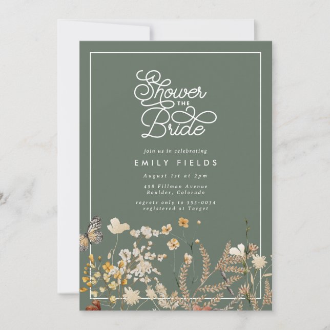 Boho Sage Green Wildflower Butterfly Bridal Shower Invitation (Front)