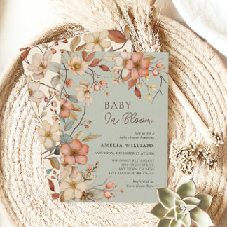Boho Sage Green Wildflower Floral Baby Shower Invitation