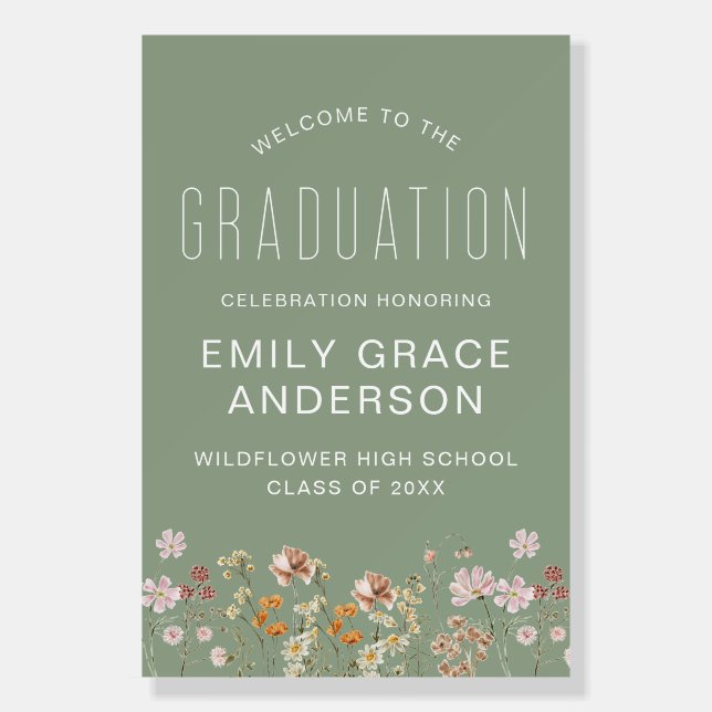 Boho Sage Green Wildflower Graduation Welcome Foam Board (Front)