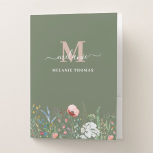 Boho Sage Green Wildflowers Custom Name Monogram Pocket Folder