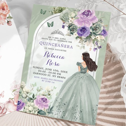 Boho Sage Lavender Floral Princess Quinceaera Invitation