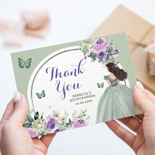 Boho Sage Lilac Floral Princess Quinceaera Thank You Card