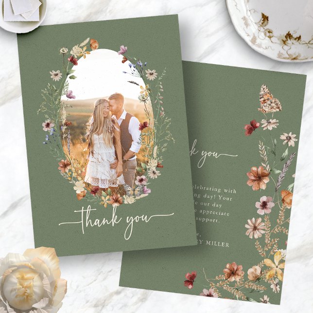 Boho Sage Photo Thank You Card (Boho Sage Green Wildflower Photo Thank You Card with Butterfly by Painted Paperie
)