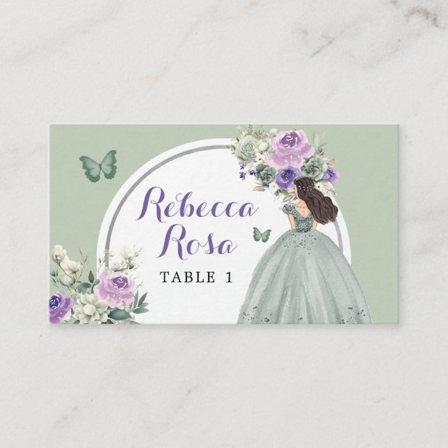 Boho Sage Purple Princess Quinceañera Floral Place Card (Front)