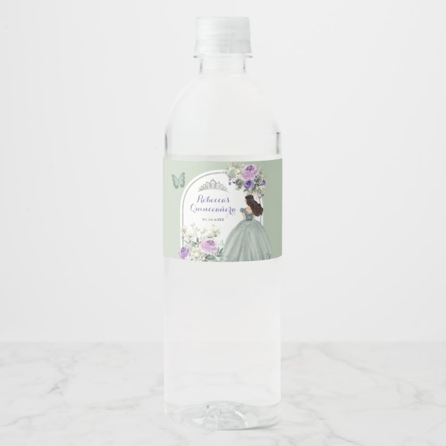 Boho Sage Purple Royal Princess XV Años Water Bottle Label (Front)