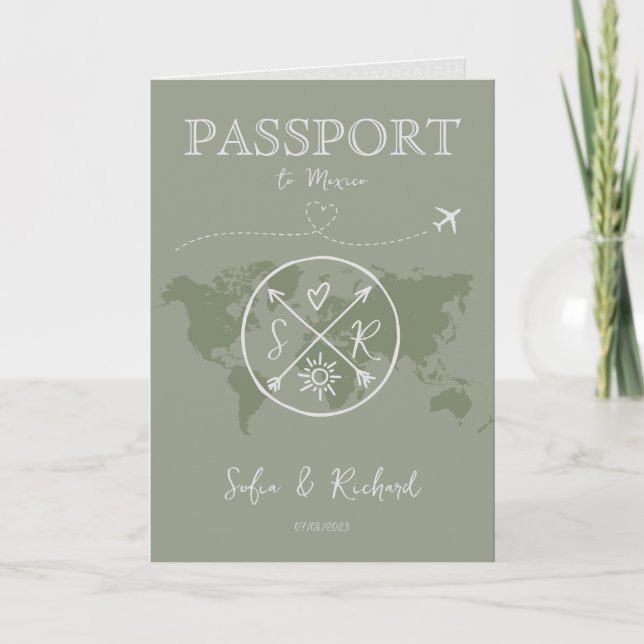 Boho Sage Wedding Destination Passport Map QR Code Invitation (Front)