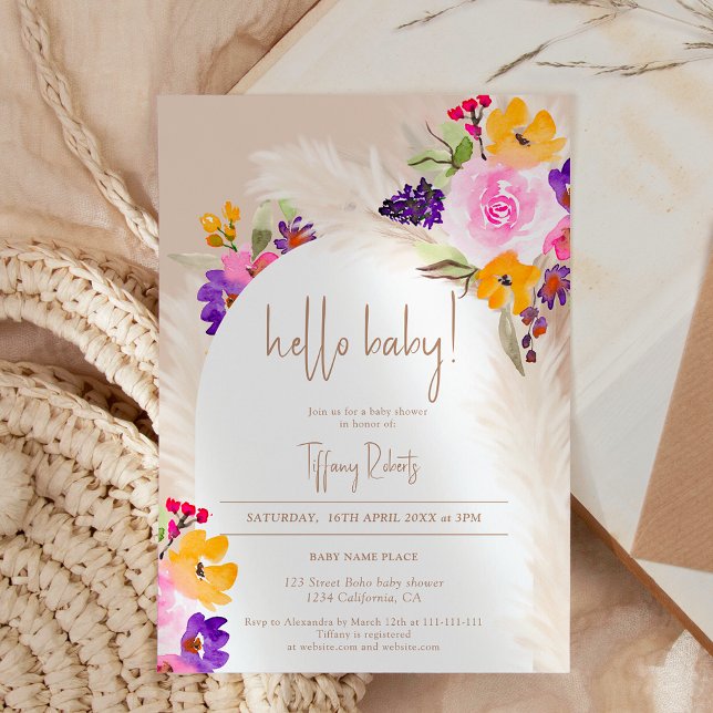 Boho sand floral arch neutral hello baby shower invitation (Boho sand floral arch neutral hello baby shower invitation)