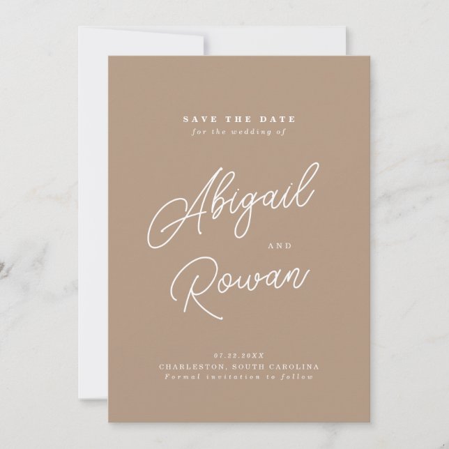 Boho Sand Minimalist Script Save the Date Card (Front)