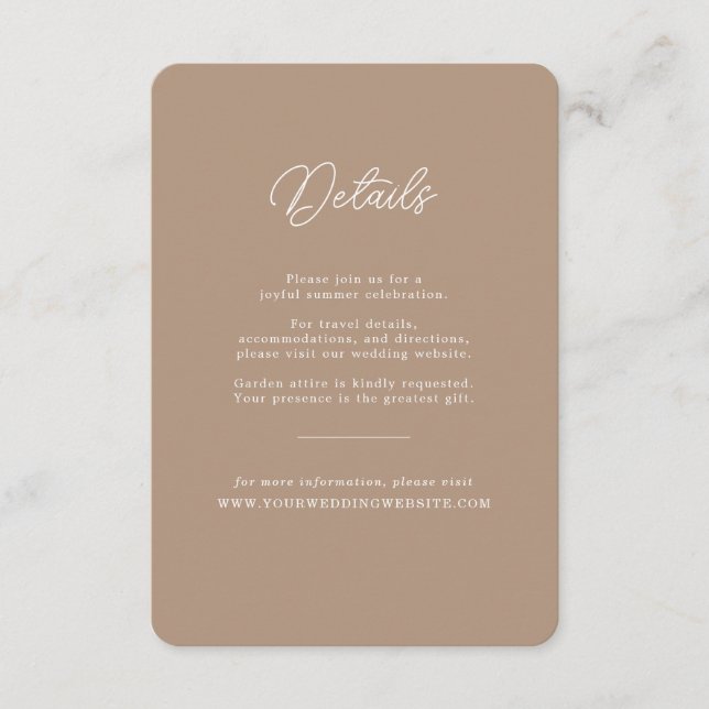 Boho Sand Minimalist Script Wedding Details Card (Front)