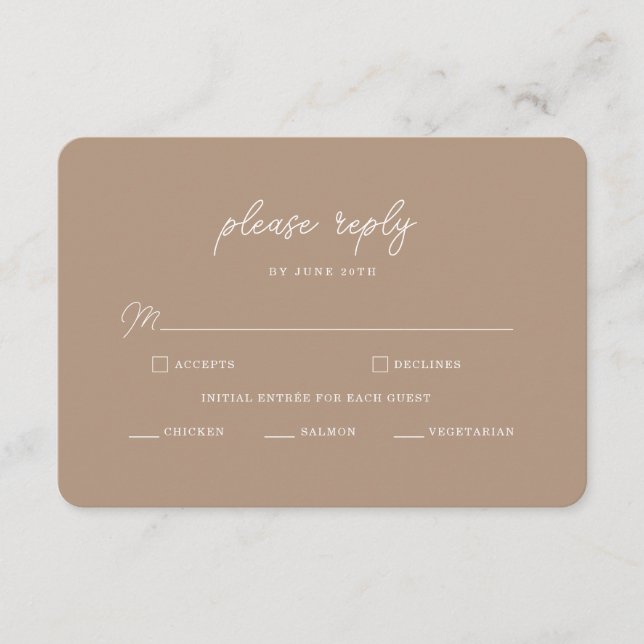 Boho Sand Minimalist Script Wedding RSVP Card (Front)
