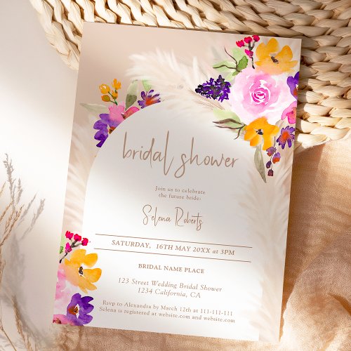 Boho sand pampas pink floral arch bridal shower invitation