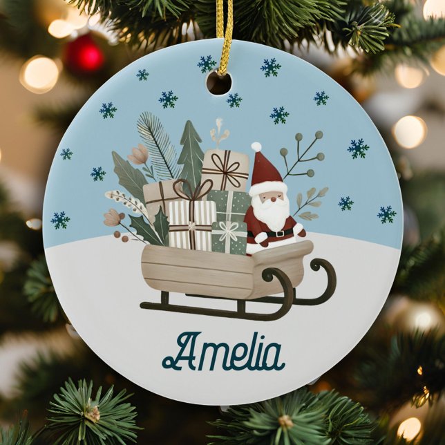 Boho Santa on Sleigh With Gifts Snowflakes Name Ceramic Ornament (Creator Uploaded)